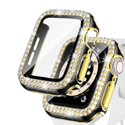 Caviar Compatible For Watch Series 7 6 5 4 44mm Two Tone Color Double Row Glitter Rhinestone Bling Crystal Diamonds Anti Shock Protective Cover With HD Tempered Glass Build in Screen
